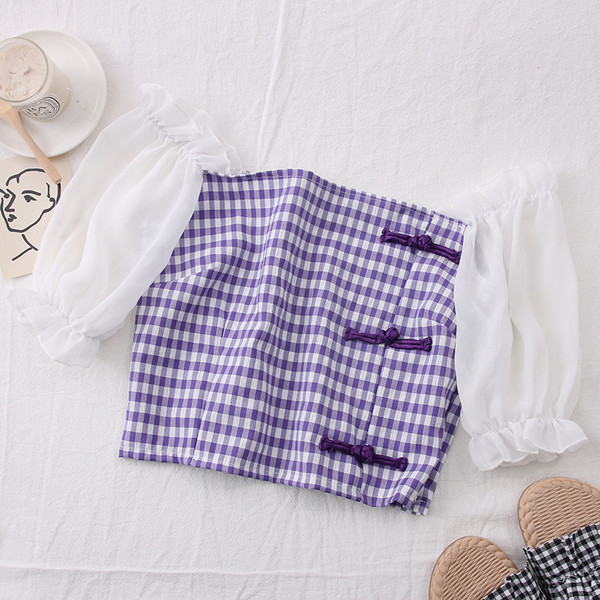 Ženska karirana bluza golih ramena i 3/4 rukava