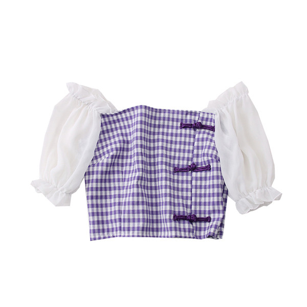 Ženska karirana bluza golih ramena i 3/4 rukava