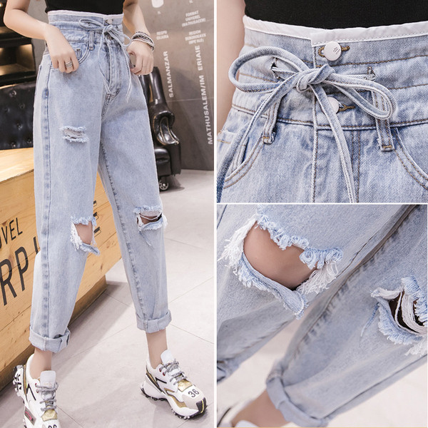 Dámske ležérne dlhé džínsy s vysokým pásom a šnúrkami