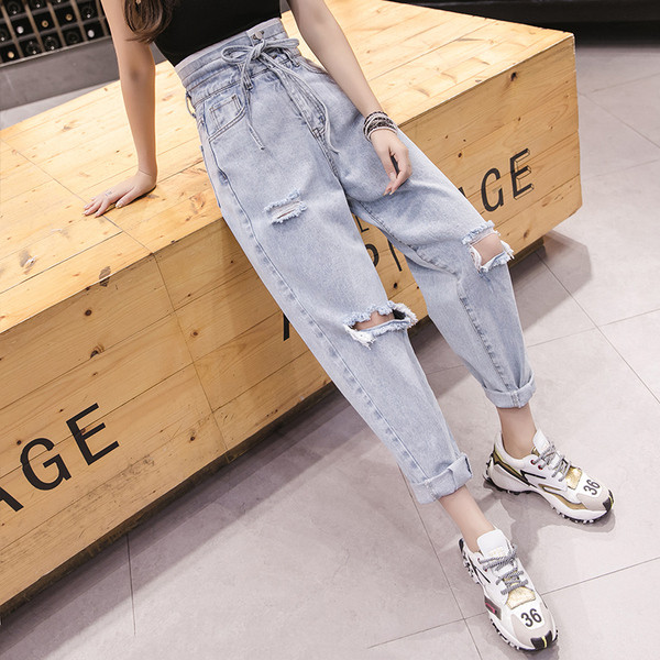 Dámske ležérne dlhé džínsy s vysokým pásom a šnúrkami