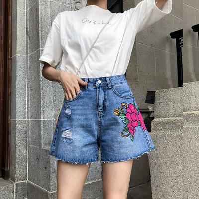 Ежедневни дамски къси панталони с висока талия - бродерия и пайети