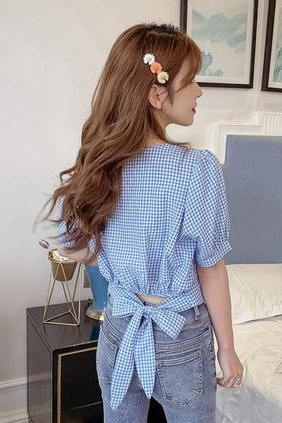 Ежедневна дамска карирана къса риза с панделка и къс ръкав