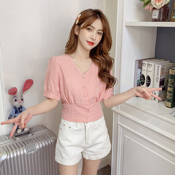 Ежедневна дамска карирана къса риза с панделка и къс ръкав