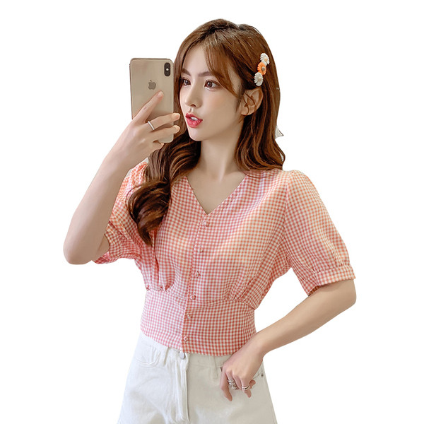 Ежедневна дамска карирана къса риза с панделка и къс ръкав