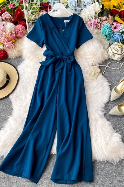 Casual γυναικεία μακρύ ολόσωμη φόρμαμε με κορδέλα στη μέση και κοντά μανίκια