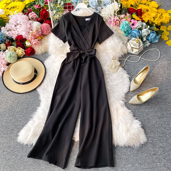 Casual γυναικεία μακρύ ολόσωμη φόρμαμε με κορδέλα στη μέση και κοντά μανίκια