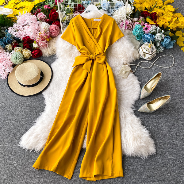 Casual γυναικεία μακρύ ολόσωμη φόρμαμε με κορδέλα στη μέση και κοντά μανίκια