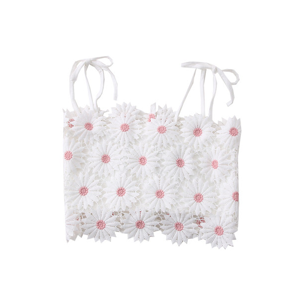 Нов модел къс дамски потник с маргаритки и тънки презрамки