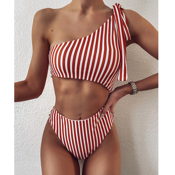 Prugasti ženski dvodijelni kupaći kostim s vezicama i visokim strukom