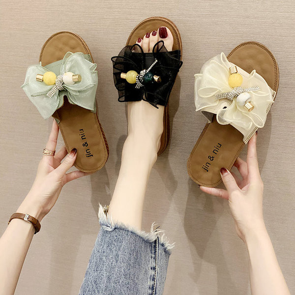 Модерни дамски чехли с равна подметка и панделка