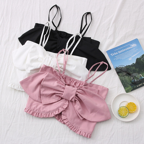 Дамски къс потник с тънки презрамки и панделка