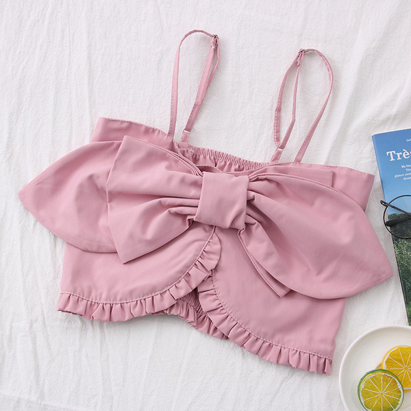 Дамски къс потник с тънки презрамки и панделка