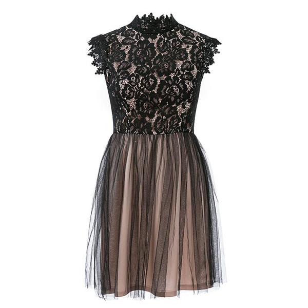 Елегантна дамска къса рокля с висока яка,дантела и тюл 