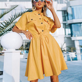 Rochie scurta de dama casual cu guler clasic si maneci scurte de culoare galbena