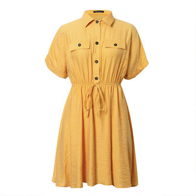 Rochie scurta de dama casual cu guler clasic si maneci scurte de culoare galbena