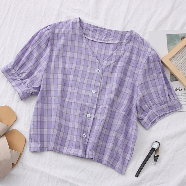 Novi model karirane ženske košulje sa špic izrezom i kratkim rukavima