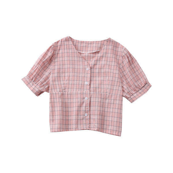 Novi model karirane ženske košulje sa špic izrezom i kratkim rukavima