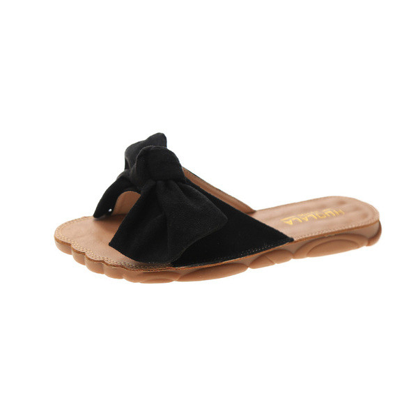 Дамски модерни чехли с равна подметка и панделка