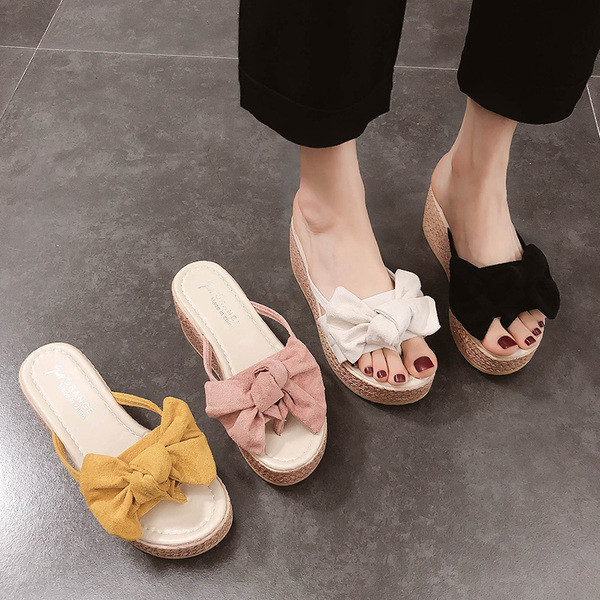 Ежедневни дамски чехли с панделка на платформа