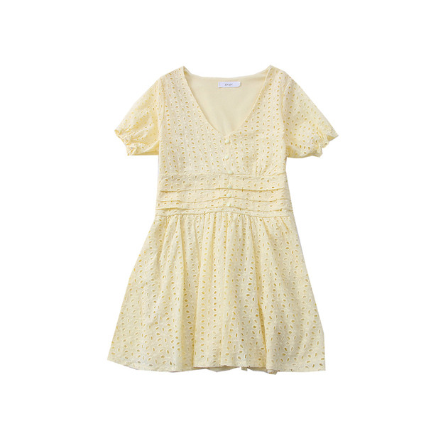 Ежедневна дамска рокля с къс ръкав и шпиц деколте