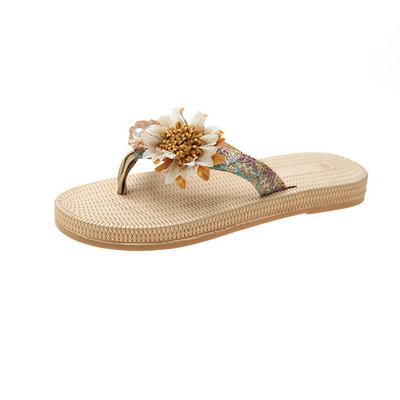 Alkalmi női papucs a lábujjakon, virágdíszítéssel
