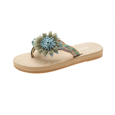 Alkalmi női papucs a lábujjakon, virágdíszítéssel