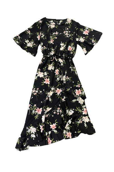 Női alkalmi ruha fürtökkel, virágmintával