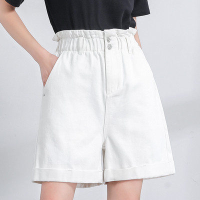 Pantaloni scurți de damă din denim cu aplicație și geantă de hârtie cu talie înaltă