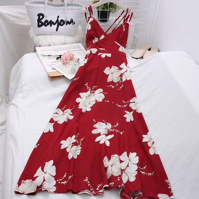 Rochie de dama model decupata cu bretele subtiri si model floral