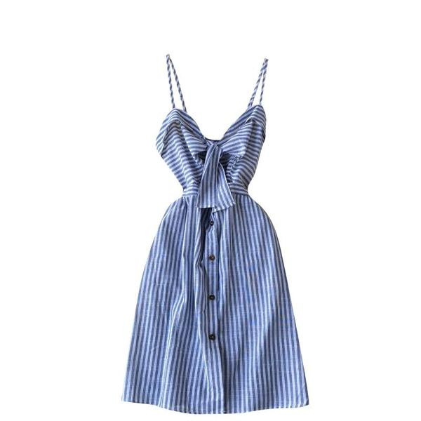 Modern női csíkos ruha vékony pántokkal és szalaggal