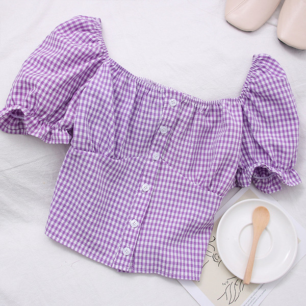 Karirana ženska košulja s dugmadima i kratkim rukavima