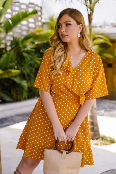 Модерна дамска къса рокля на точки с връзки и къс ръкав 