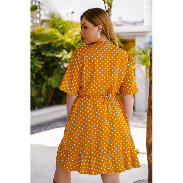 Модерна дамска къса рокля на точки с връзки и къс ръкав 