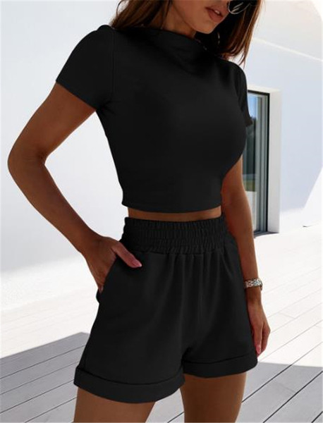 Дамски ежедневен комплект от две части с къс ръкав и висока талия
