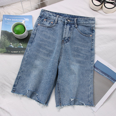 Pantaloni de dama din denim 3/4 cu talie inalta si motive rupte