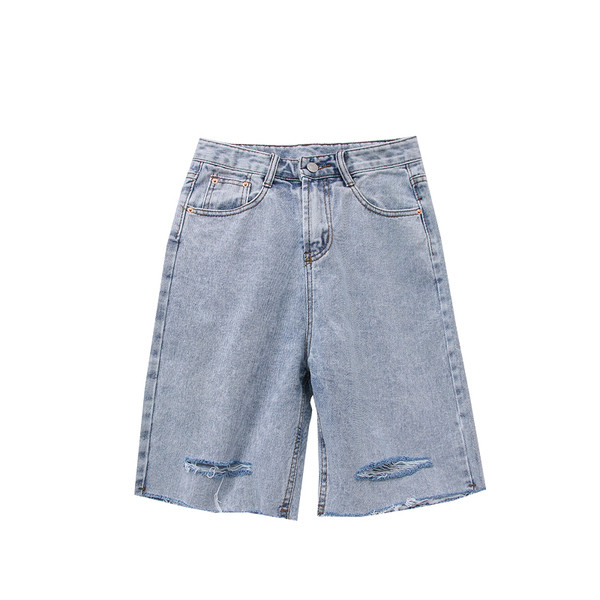 Női farmer 3/4-es nadrág magas derékkal, szakadt motívumokkal