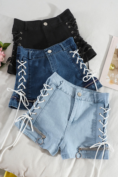 Női alkalmi rövid farmernadrág magas derékkal és fűzővel