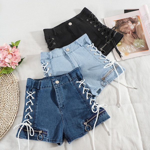 Női alkalmi rövid farmernadrág magas derékkal és fűzővel
