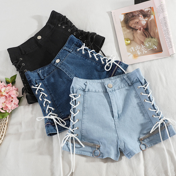 Női alkalmi rövid farmernadrág magas derékkal és fűzővel