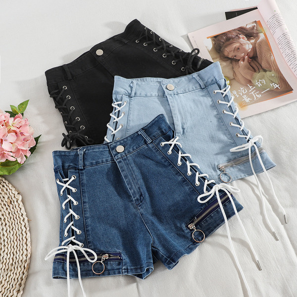 Női alkalmi rövid farmernadrág magas derékkal és fűzővel