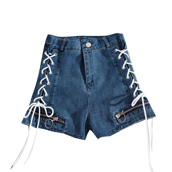 Női alkalmi rövid farmernadrág magas derékkal és fűzővel