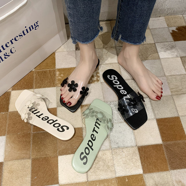 Modern női papucs lapos talppal, virágos díszítéssel