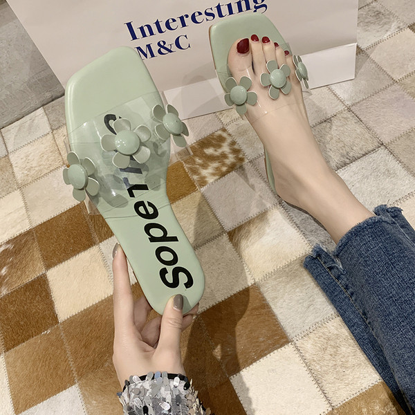 Modern női papucs lapos talppal, virágos díszítéssel
