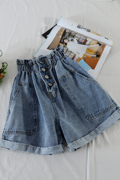 Къси дамски дънки с ластична талия и копчета