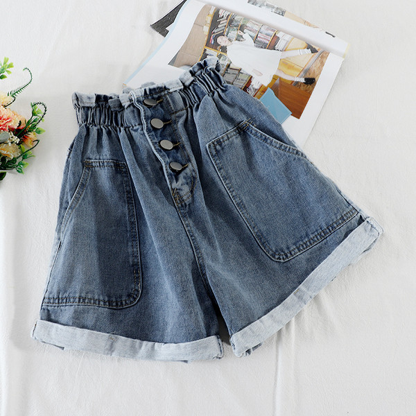 Къси дамски дънки с ластична талия и копчета