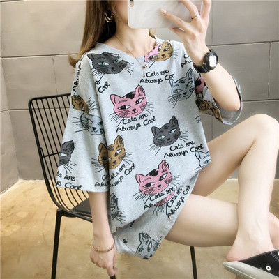 Tricou larg de damă cu aplicație pisică