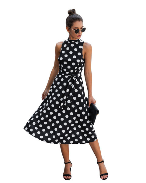 Modern női pöttyös ruha pánttal és övvel