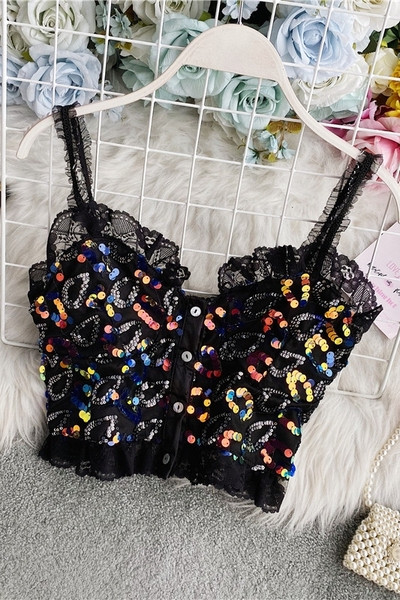 Moderni ženski kratki bustier s čipkom i šljokicama