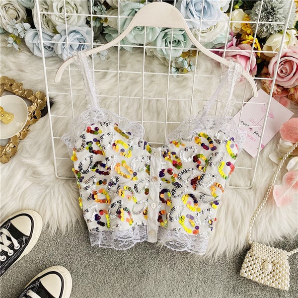 Moderni ženski kratki bustier s čipkom i šljokicama