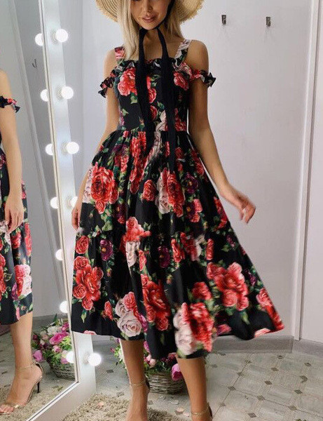 Alkalmi női rövid ruha vékony pántokkal, virágmintával